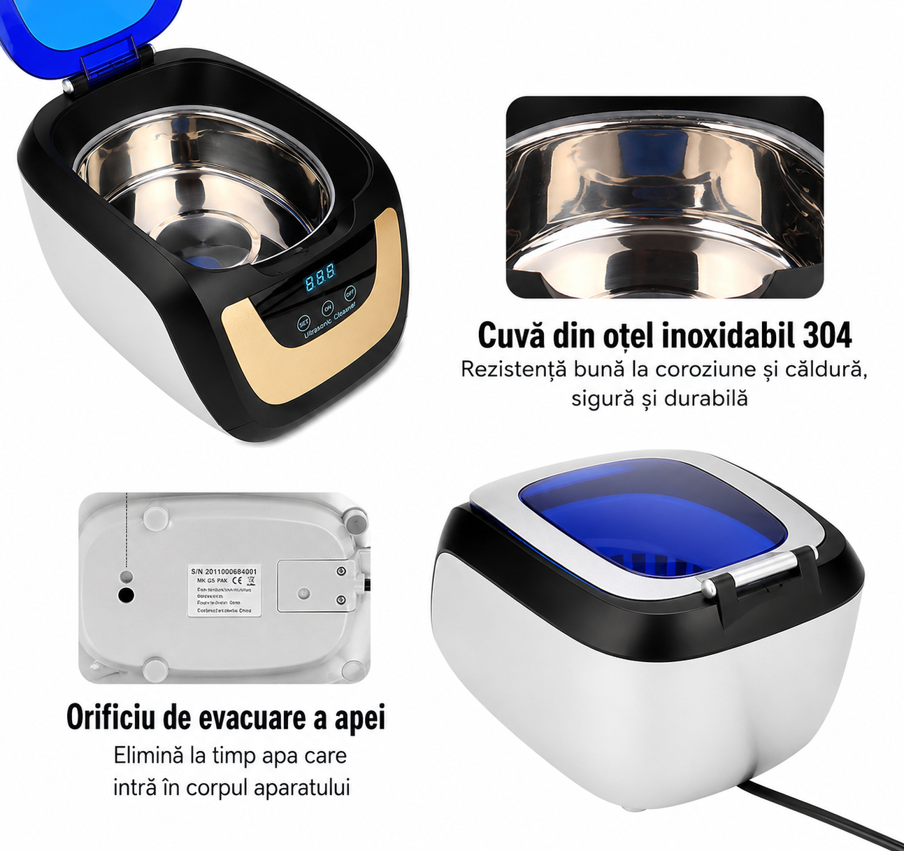 Sterilizator Ultrasonic Profesional CE 5700A | Capacitate 750 ml | Display Digital intr-un infografic ce prezinta cuva din otel inoxidabil si fantele de aerisire de pe baza aparatului.