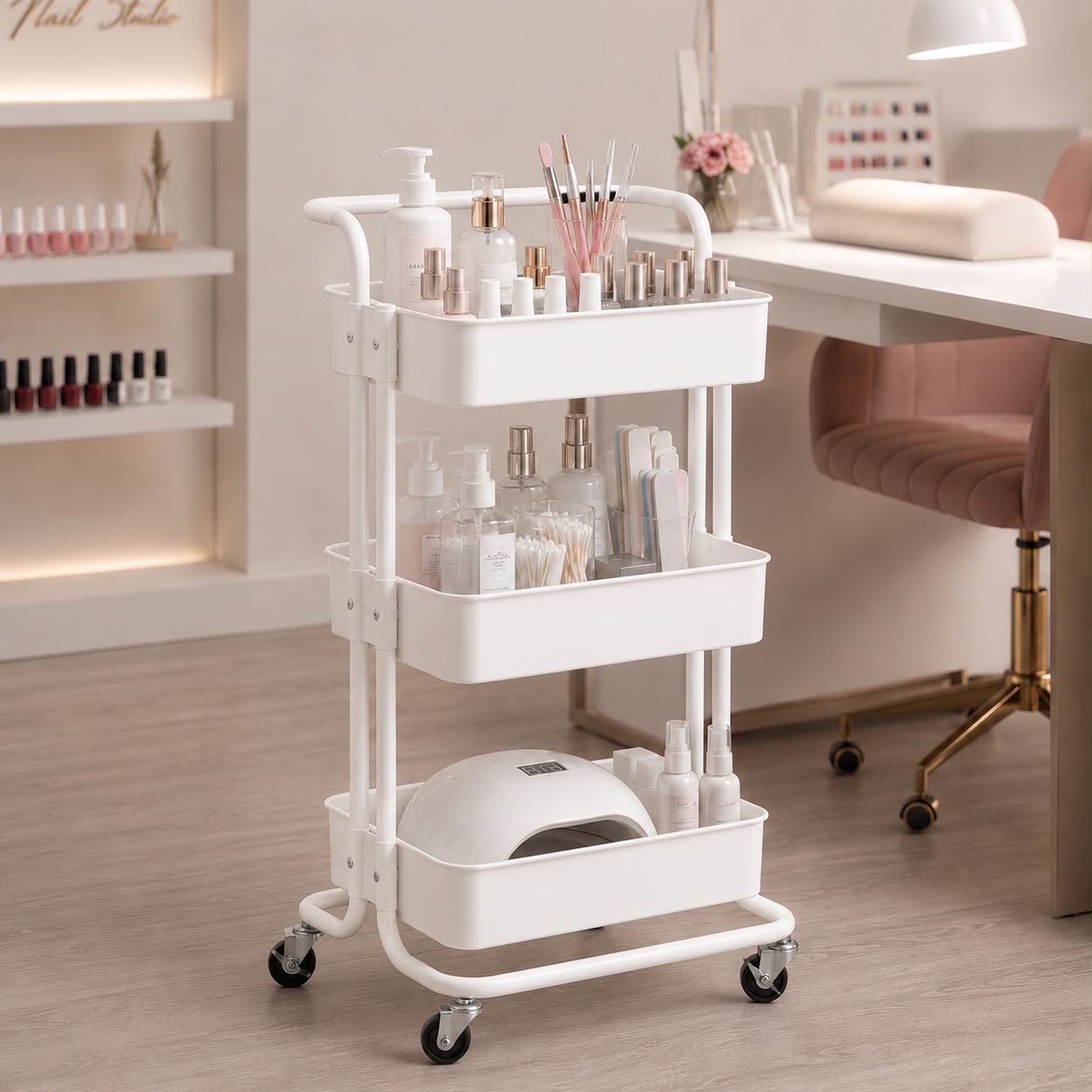 Statie mobila tip ucenic metalic alb pe roti utilizat ca masa si organizator mobil pentru produse de manichiura, pedichiura si lampa UV.