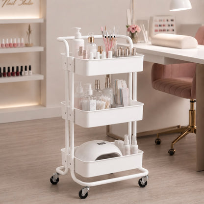 Statie mobila tip ucenic metalic alb pe roti utilizat ca masa si organizator mobil pentru produse de manichiura, pedichiura si lampa UV.