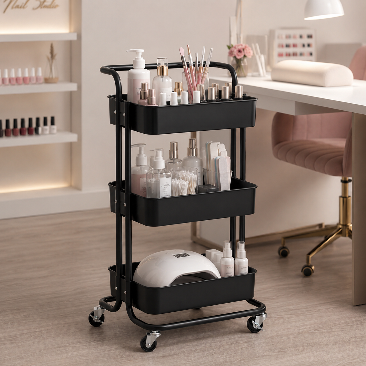 Statie mobila si ucenic metalic negru pe roti incarcat cu produse cosmetice, aparate si recipiente pentru tratamente faciale.