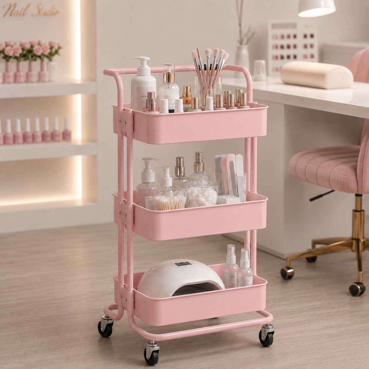 Statie mobila si ucenic metalic roz pe roti organizat cu ustensile, oje si accesorii profesionale pentru manichiura si estetica.
