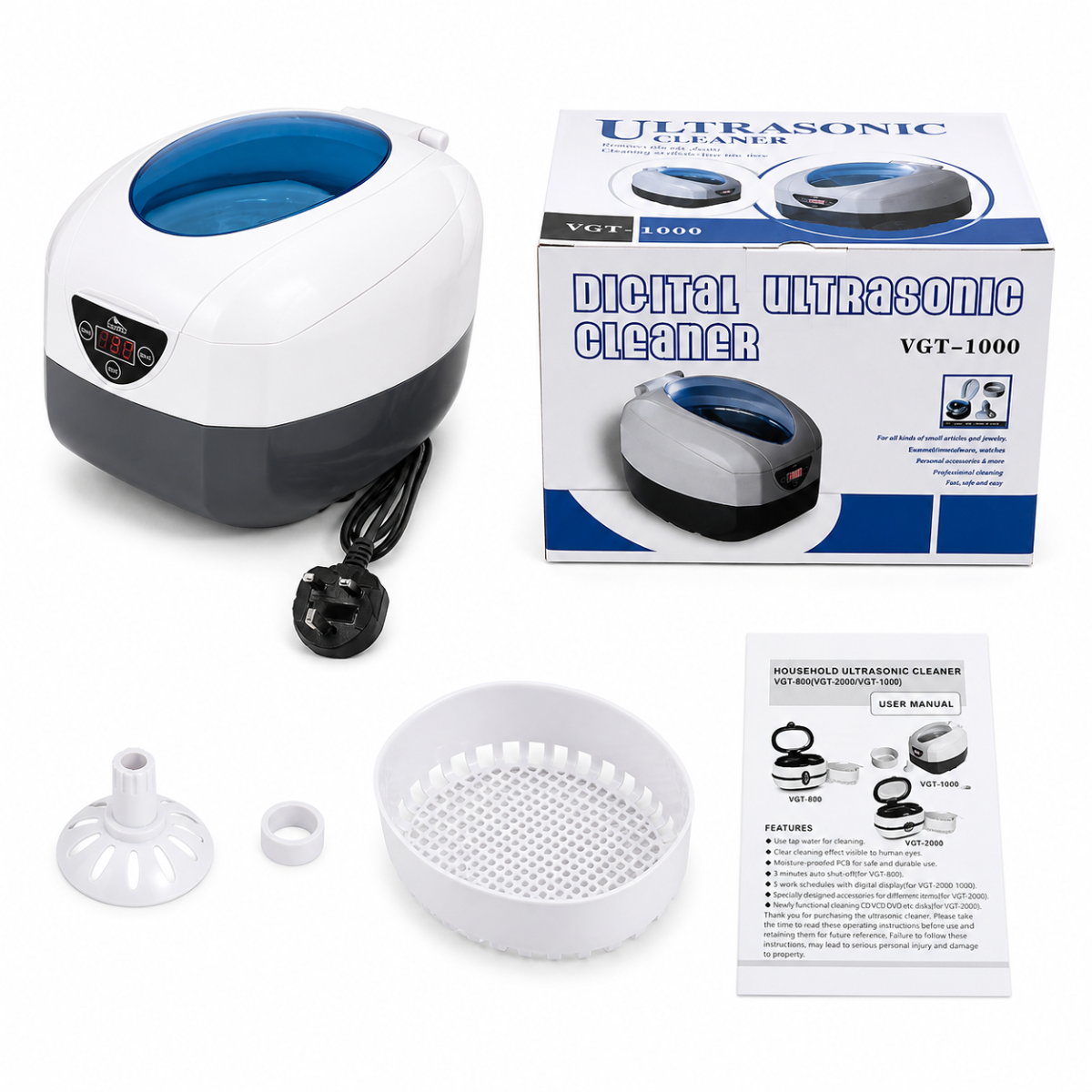 Set complet pentru sterilizatorul digital cu ultrasunete VGT-1000 Ideal Beauty: aparat, cutie originala, cos de protectie, suport CD si manual de utilizare.