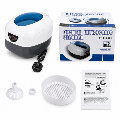 Set complet pentru sterilizatorul digital cu ultrasunete VGT-1000 Ideal Beauty: aparat, cutie originala, cos de protectie, suport CD si manual de utilizare.