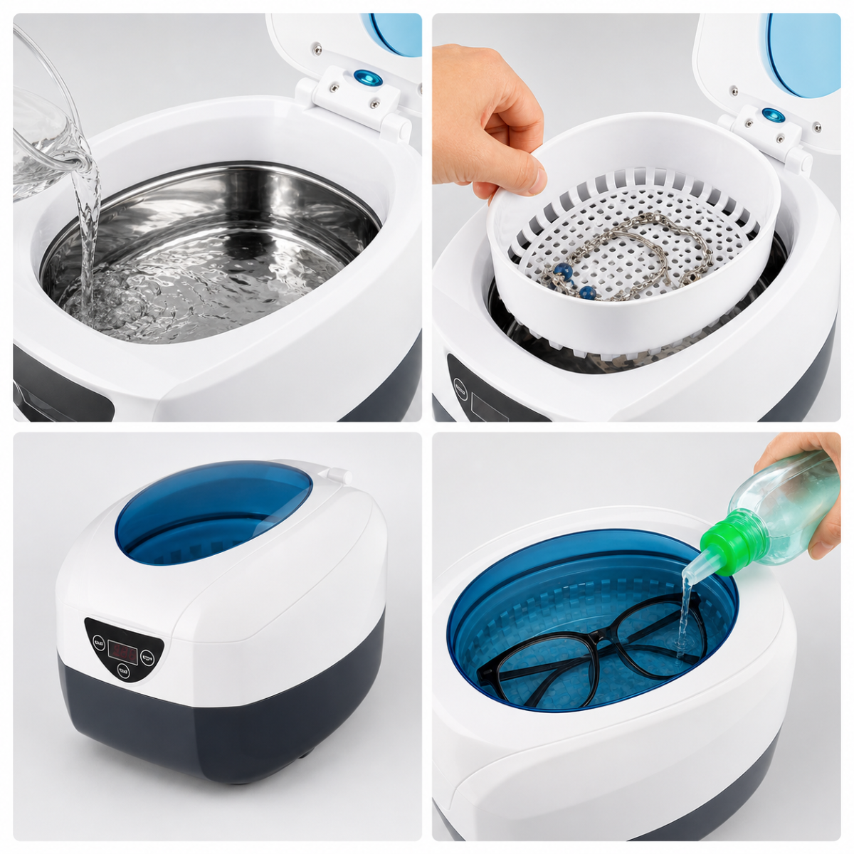 Instructiuni vizuale pentru utilizarea sterilizatorului cu ultrasunete Ideal Beauty: umplere cuva, asezare instrumente in cos si curatare ochelari sau obiecte mici.