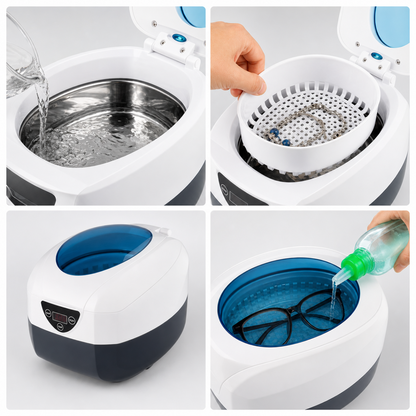 Instructiuni vizuale pentru utilizarea sterilizatorului cu ultrasunete Ideal Beauty: umplere cuva, asezare instrumente in cos si curatare ochelari sau obiecte mici.