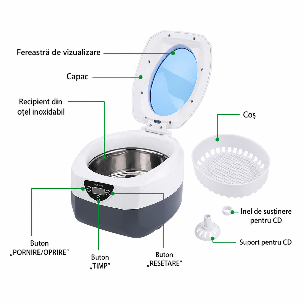 Diagrama detaliata cu piesele si componentele aparatului de curatare ultrasonica VGT-1000 Ideal Beauty: cuva de inox, cos interior, capac protector si panou digital.