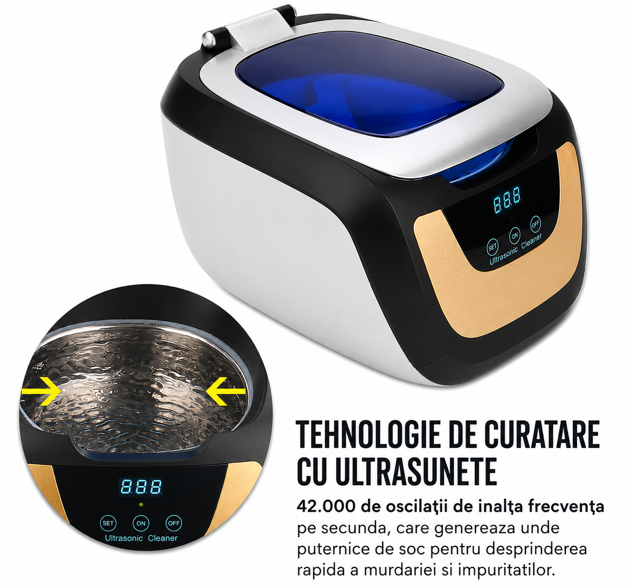 Sterilizator Ultrasonic Profesional CE 5700A | Capacitate 750 ml | Display Digital alaturi de textul explicativ TEHNOLOGIE DE CURATARE CU ULTRASUNETE si o imagine detaliata a interiorului cuvei.