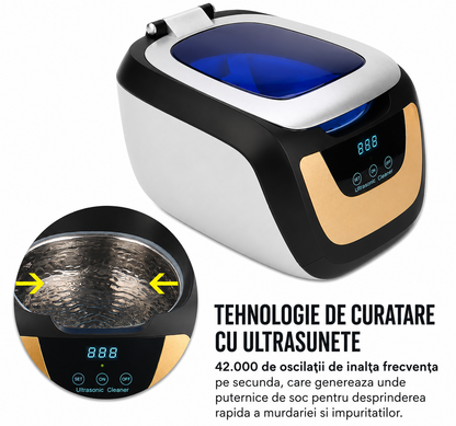 Sterilizator Ultrasonic Profesional CE 5700A | Capacitate 750 ml | Display Digital alaturi de textul explicativ TEHNOLOGIE DE CURATARE CU ULTRASUNETE si o imagine detaliata a interiorului cuvei.