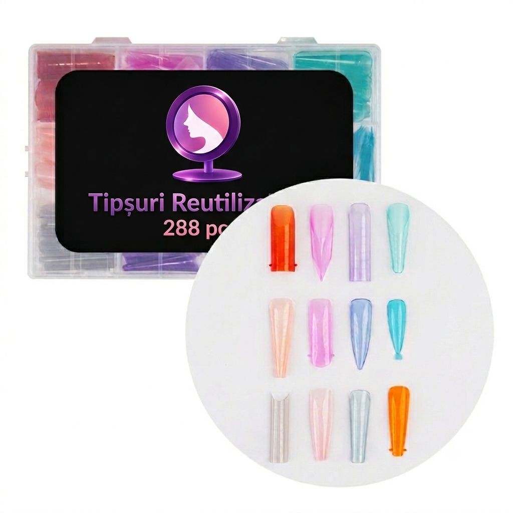 Cutie compartimentata cu tipsuri reutilizabile Dual Forms Color Mix de 288 bucati, avand in prim-plan un cerc ce evidentiaza cele 12 forme si culori diferite de matrite pentru unghii.