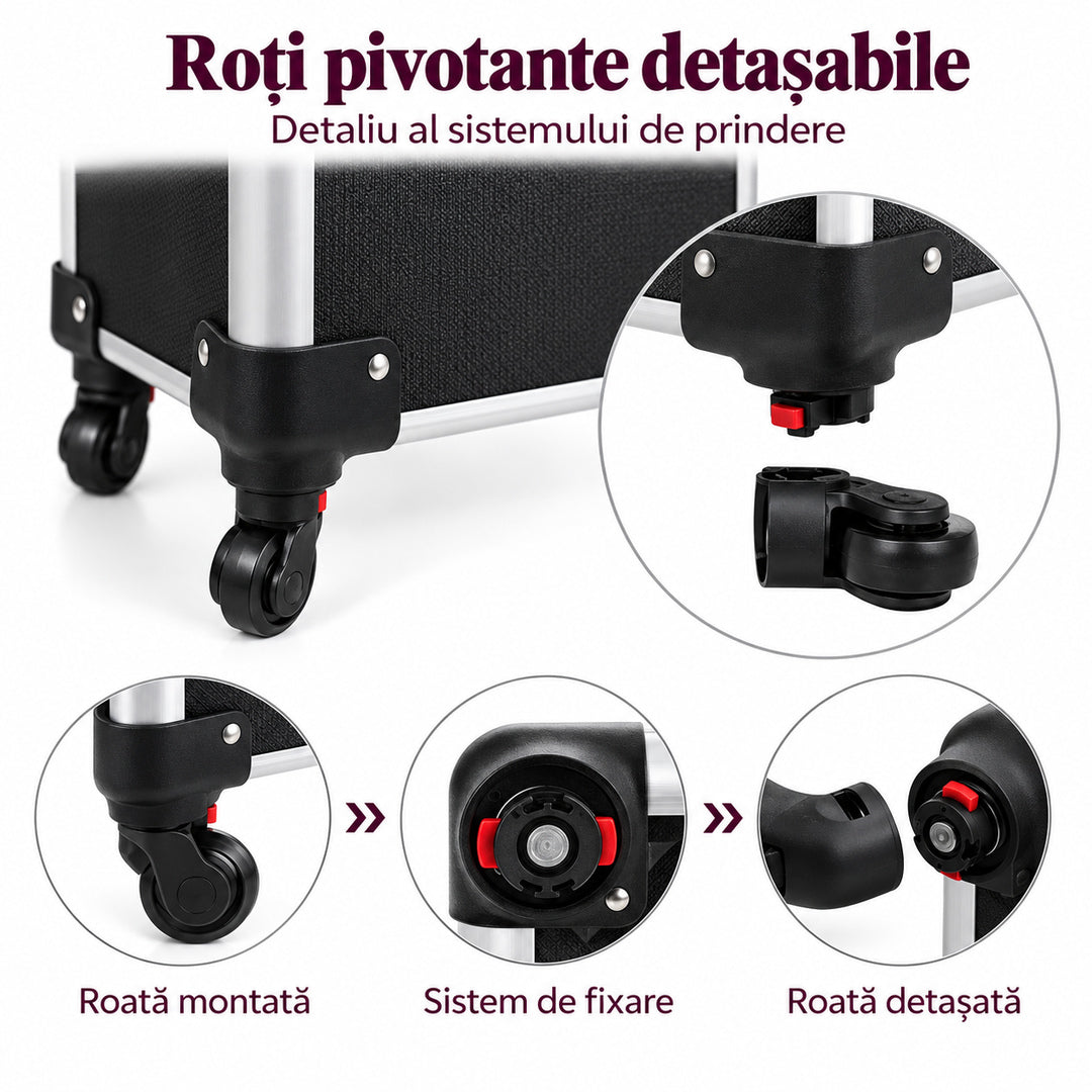 Rotile pivotante detasabile ale trolerului cosmetic negru, prezentate prin detalii ale rotii montate, sistemului de fixare cu clapete rosii si rotii separate de suport. Prindere sub protectia neagra de colt, langa rama metalica argintie.