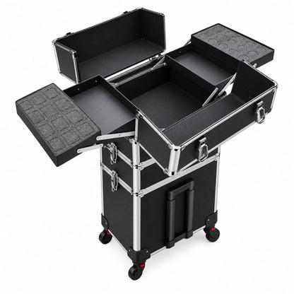 Troler profesional make-up negru cu modulul superior deschis, patru tavite extensibile pe doua niveluri si spatiu central pentru cosmetice. Tavitele superioare au insertii din spuma cu decupaje patrate si rotunde, iar cele inferioare au baza simpla pentru pensule si palete.