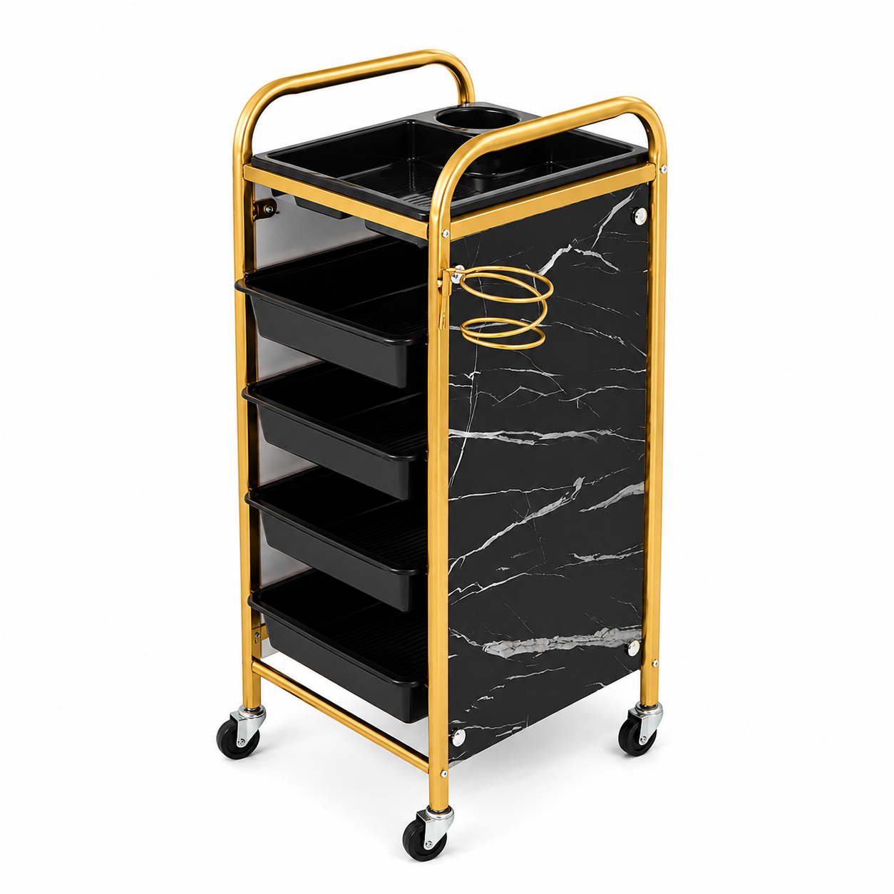 Ucenic / Carucior Coafor Profesional Marble Gold – 4 Sertare, Suport Foehn, Mobil, 80 cm, Negru
