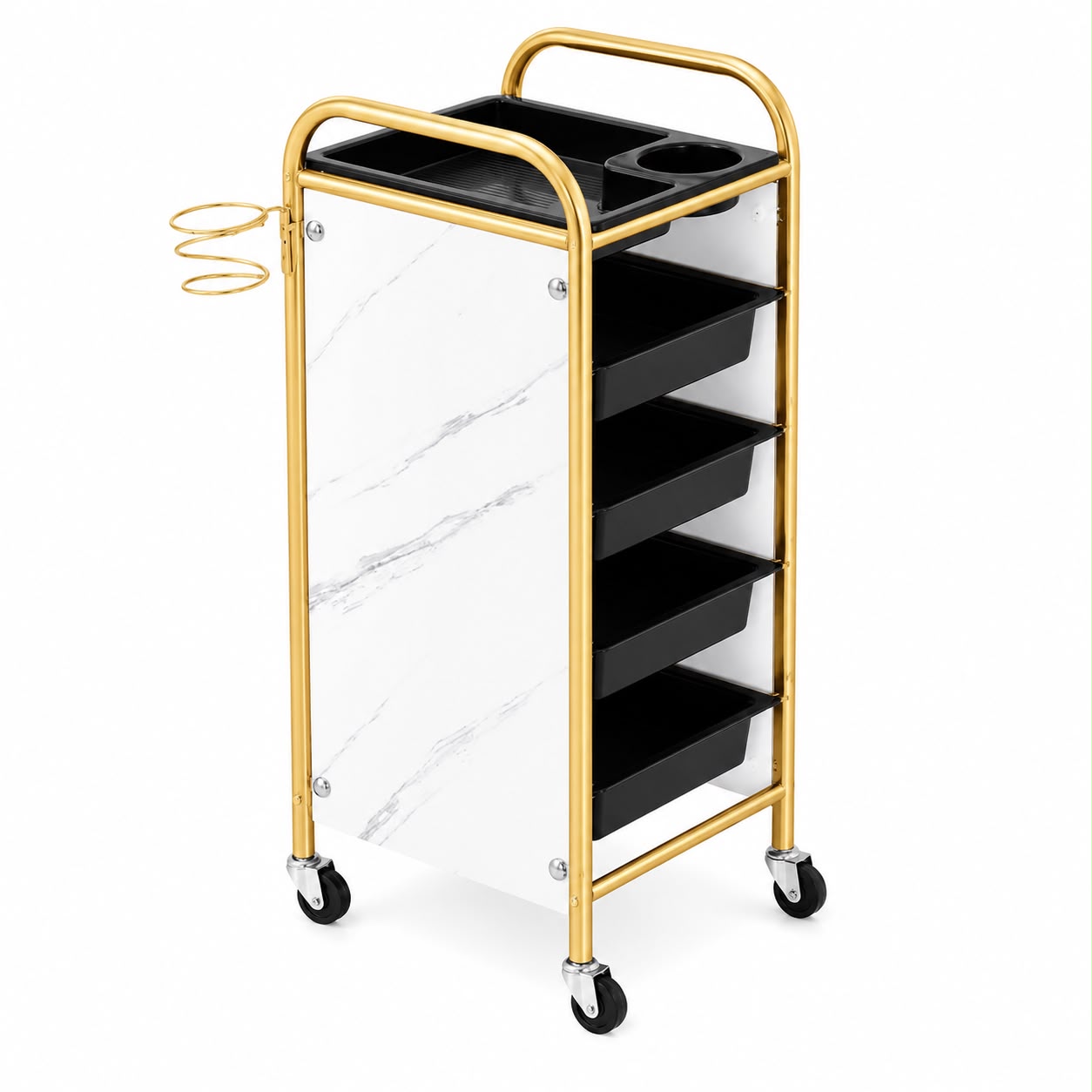 Ucenic mobil pentru coafor si cosmetica Marble Gold, cu cadru auriu, panouri albe cu aspect de marmura, 4 sertare negre si suport de foehn.