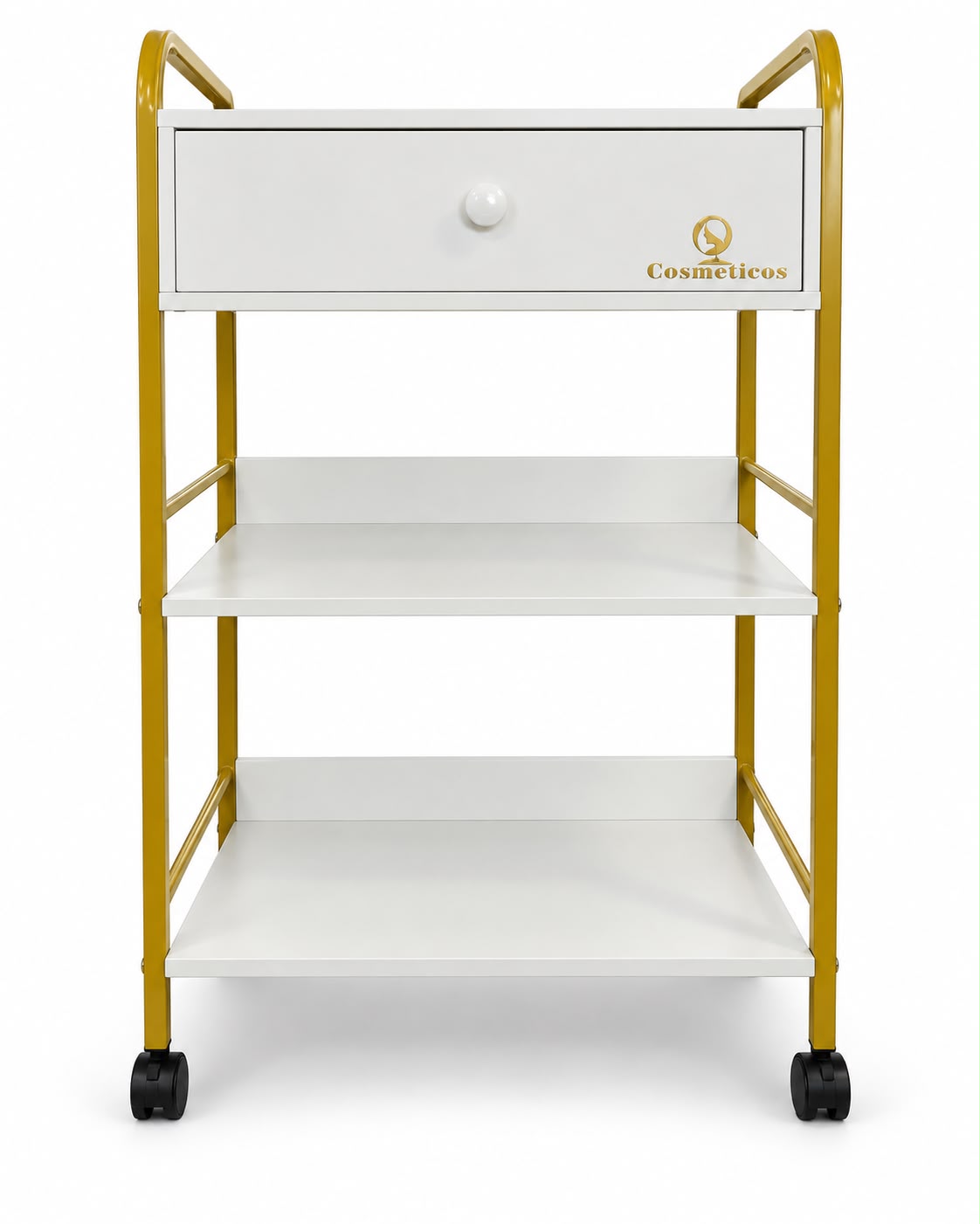 Ucenic cosmetic mobil cu sertar si 2 rafturi cadru metalic auriu premium IB-ST015 alb vedere frontala sertar ABS si spatiu de lucru organizator