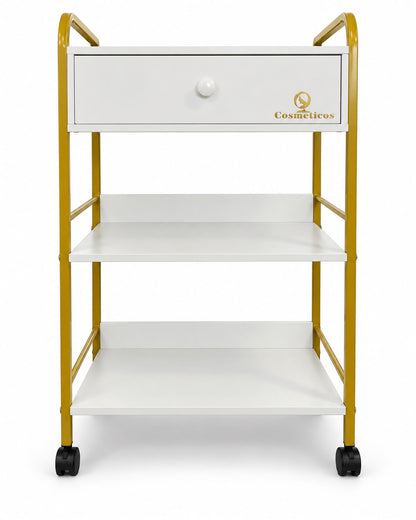 Ucenic cosmetic mobil cu sertar si 2 rafturi cadru metalic auriu premium IB-ST015 alb vedere frontala sertar ABS si spatiu de lucru organizator