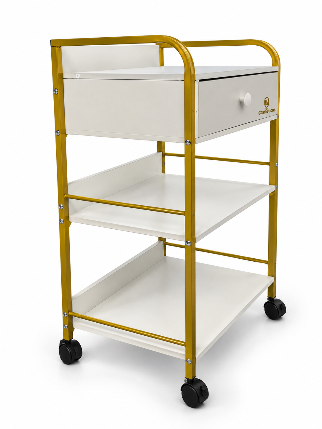 Ucenic cosmetic mobil cu sertar si 2 rafturi cadru metalic auriu premium IB-ST015 alb vedere din unghi mobilier salon cosmetica si estetica