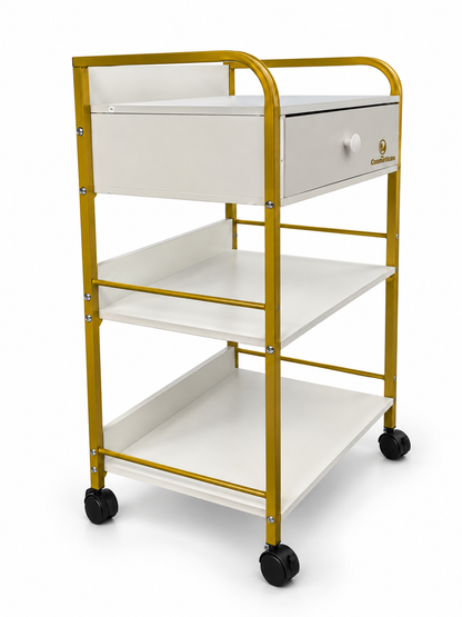 Ucenic cosmetic mobil cu sertar si 2 rafturi cadru metalic auriu premium IB-ST015 alb vedere din unghi mobilier salon cosmetica si estetica