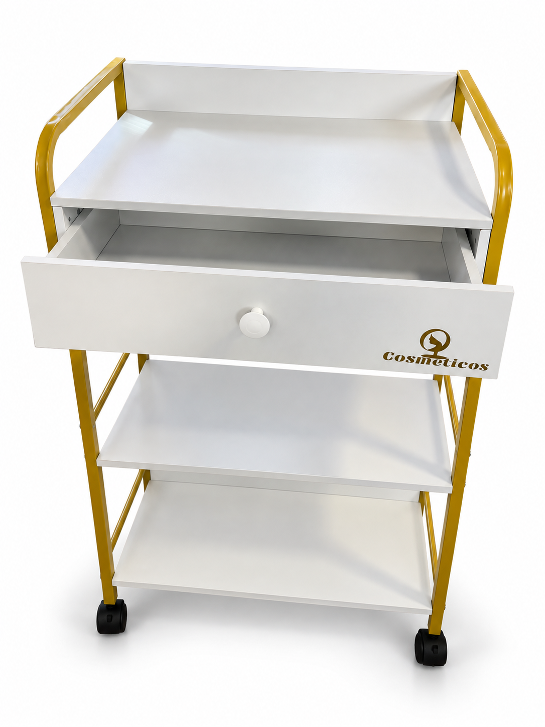 Ucenic cosmetic mobil cu sertar si 2 rafturi cadru metalic auriu premium IB-ST015 alb sertar deschis 460x110 mm depozitare instrumente si accesorii lash 