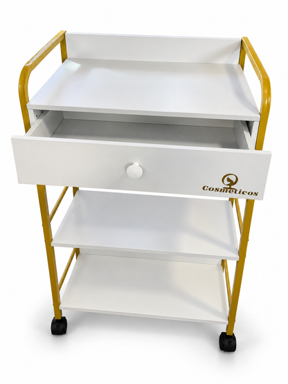 Ucenic cosmetic mobil cu sertar si 2 rafturi cadru metalic auriu premium IB-ST015 alb sertar deschis 460x110 mm depozitare instrumente si accesorii lash 