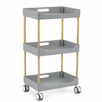 Ucenic / Carucior Salon Modern – 3 Rafturi Spatioase, Baza pe Roti, Gri / Auriu, 86 cm