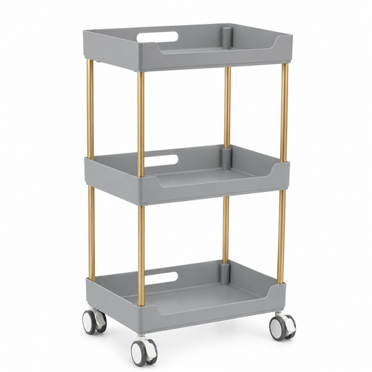 Ucenic / Carucior Salon Modern – 3 Rafturi Spatioase, Baza pe Roti, Gri / Auriu, 86 cm