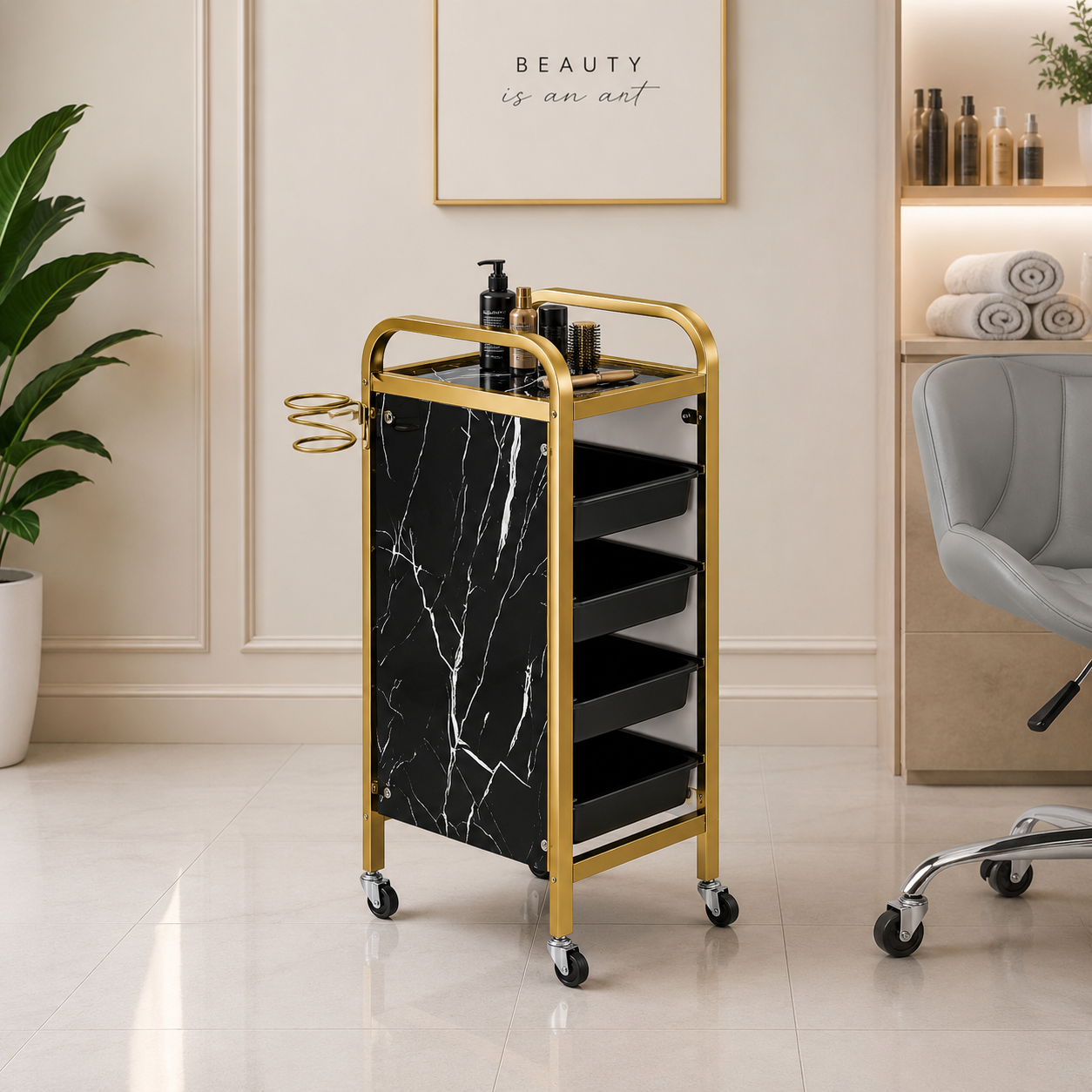 Ucenic / Carucior Coafor Profesional Marble Gold – 4 Sertare, Suport Foehn, Mobil, 80 cm, Negru