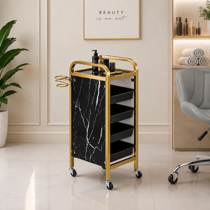 Ucenic / Carucior Coafor Profesional Marble Gold – 4 Sertare, Suport Foehn, Mobil, 80 cm, Negru