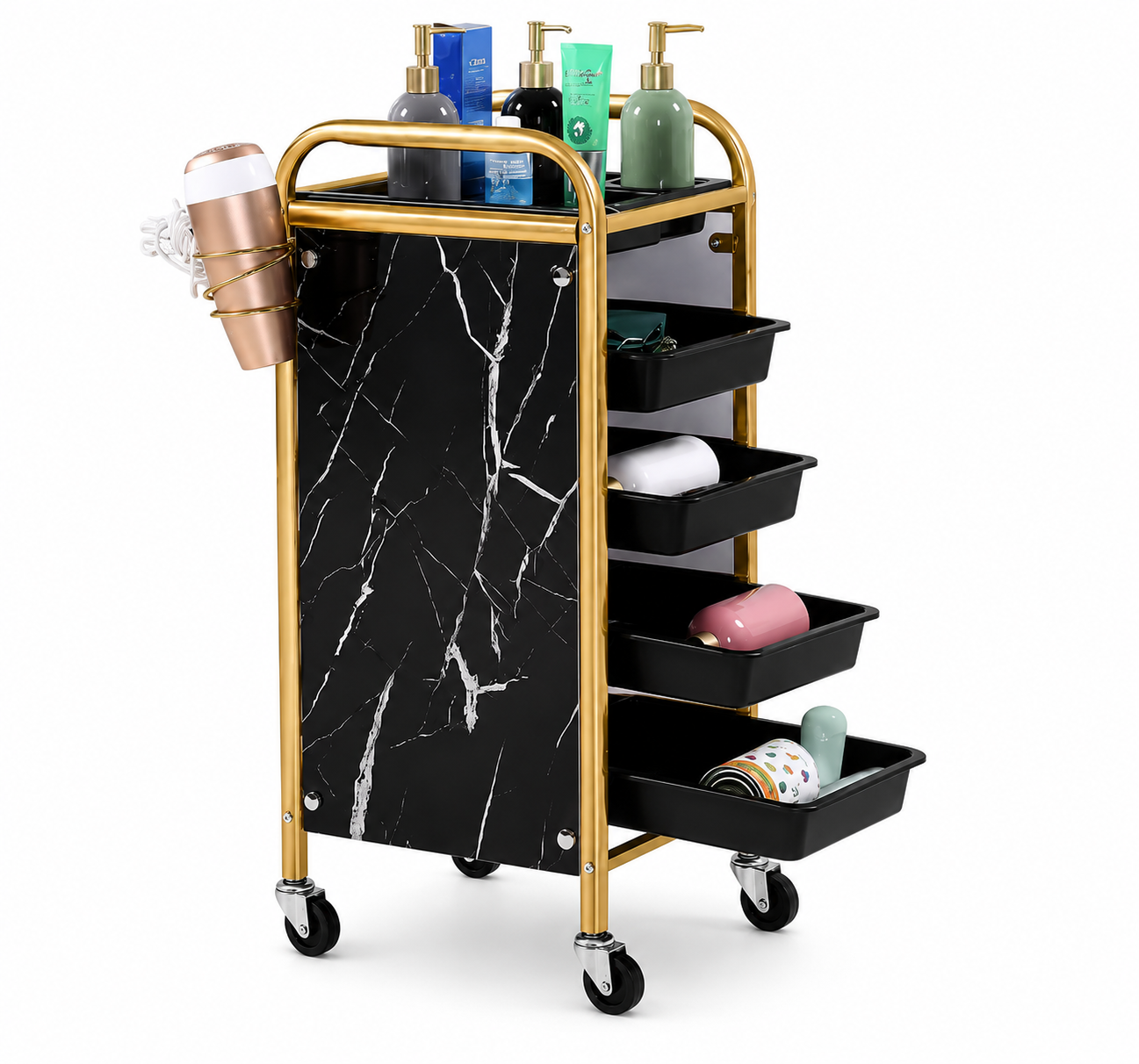 Ucenic / Carucior Coafor Profesional Marble Gold – 4 Sertare, Suport Foehn, Mobil, 80 cm, Negru