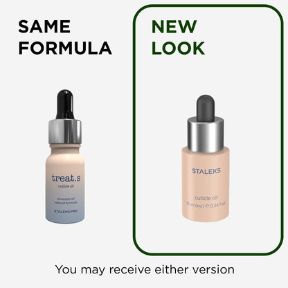 Comparație între ambalajul anterior și noul design al uleiului pentru unghii și cuticule STALEKS NOT-10, 10 ml, cu aceeași formulă.
