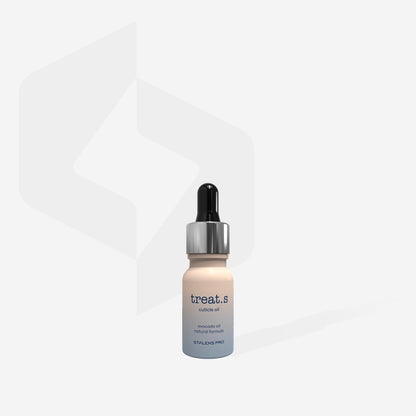 Ulei pentru unghii și cuticule STALEKS Treat.s NOT-10, 10 ml, în flaconul cu etichetă gri și pipetă neagră, prezentat pe fundal deschis