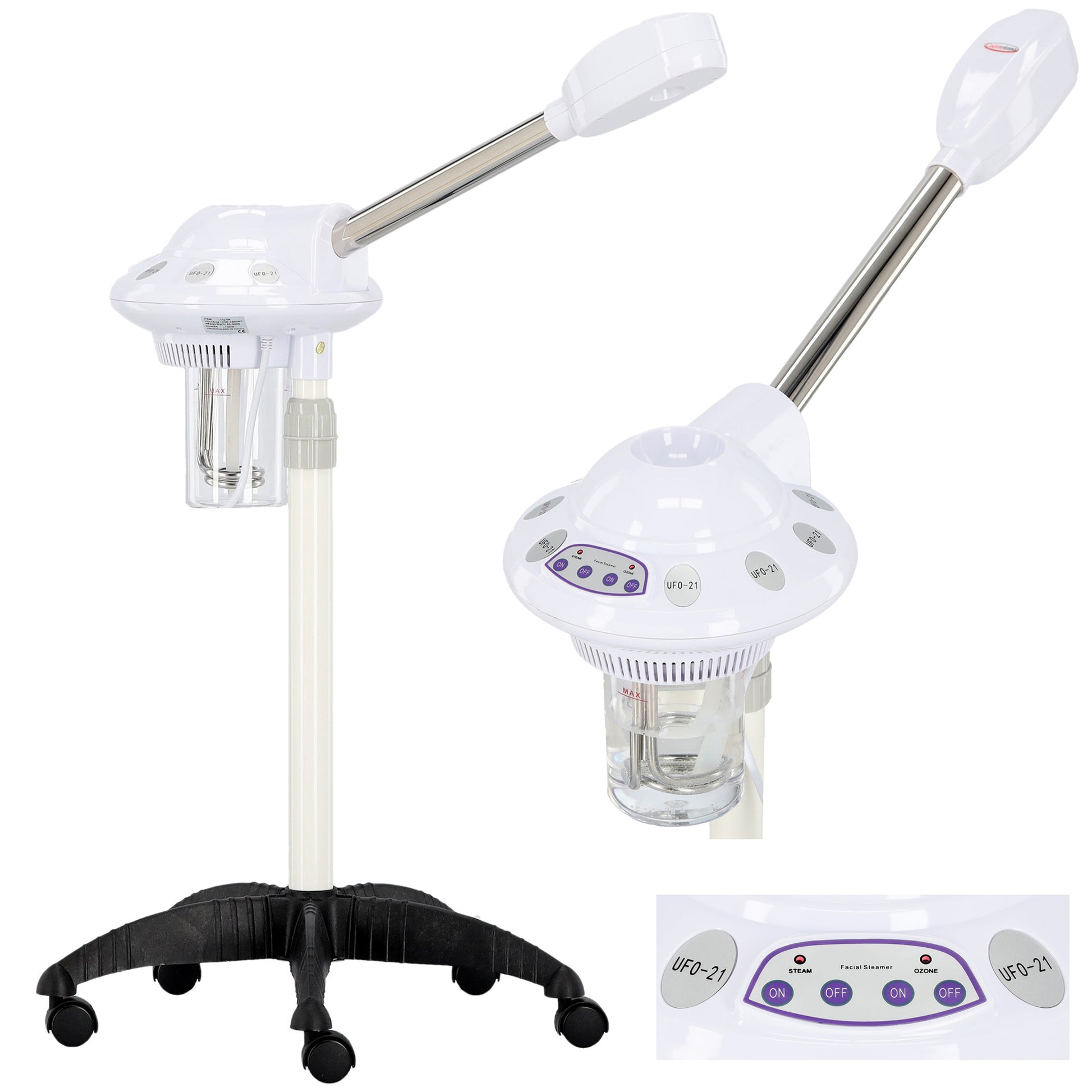 Colaj de prezentare completa pentru vapozonul cosmetic UFO-21: aparat facial pe stativ, recipient de apa si panou de control mecanic.