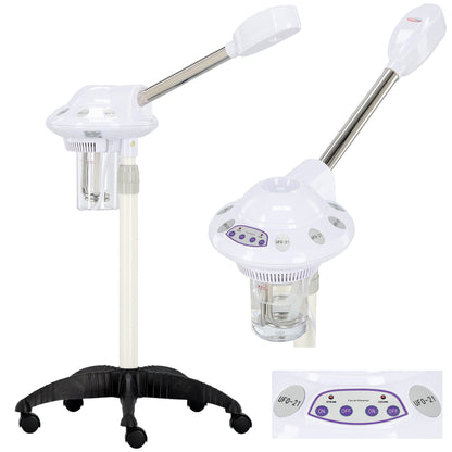 Colaj de prezentare completa pentru vapozonul cosmetic UFO-21: aparat facial pe stativ, recipient de apa si panou de control mecanic.