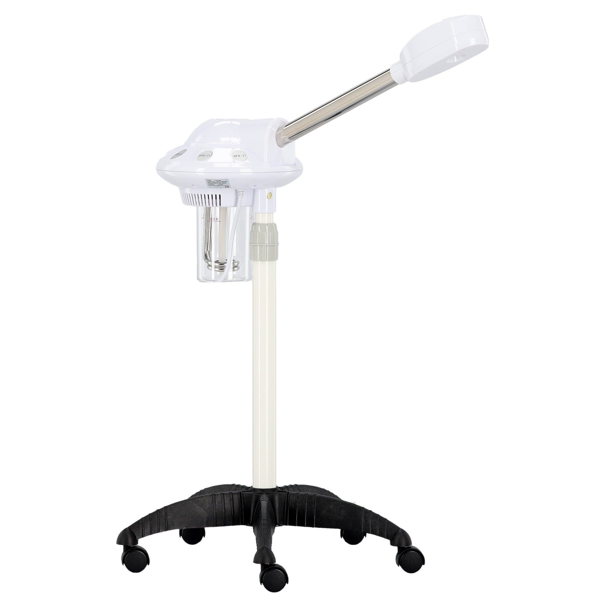 Vapozon cosmetic pentru curatarea profunda a tenului UFO-21, montat pe stativ mobil cu 5 roti pivotante.