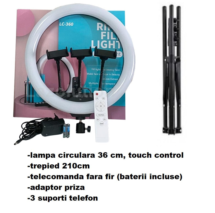 Ring Light Touch 36cm, telecomanda, trepied 210cm, 220v